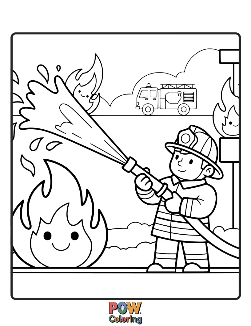 Free coloring page of Bold, stylized flames for firefighters to "put out" with their colorful hoses and brave actions.