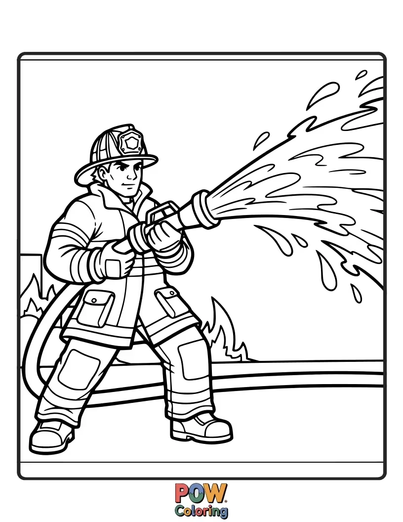 Free coloring page of Energetic splashes of water, illustrating the exciting and dynamic work of firefighters.