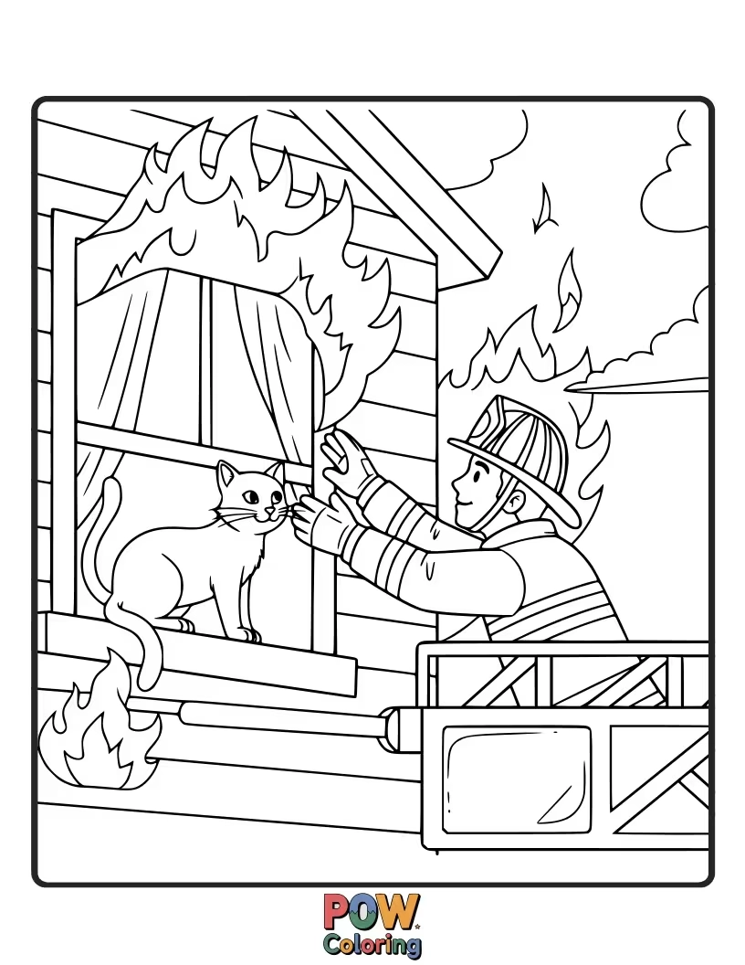 Free coloring page of A window in a house, offering a peek into a scene firefighters might be involved in saving.