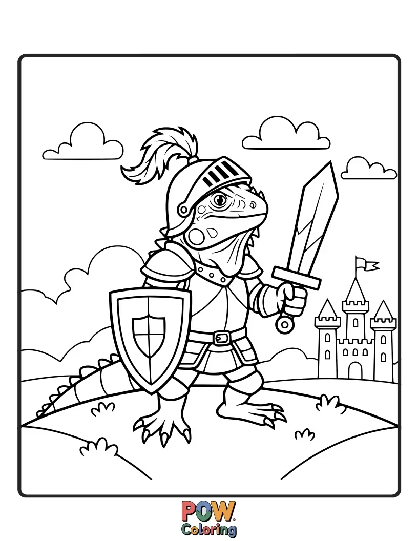 Free coloring page of A brave iguana dressed as a knight in shining armor, ready for a noble quest.