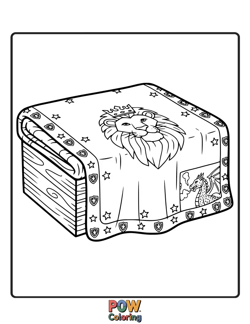 Free coloring page of A little knight in shining armor resting under a shield-shaped blanket.