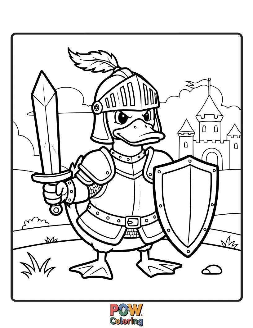 Free coloring page of A courageous duck in shining armor, ready to defend its pond kingdom.