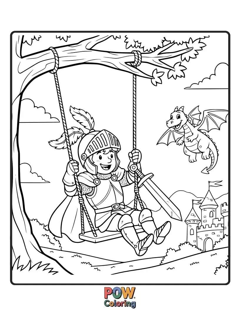 Free coloring page of A brave little knight in shiny armor takes a break from adventuring, swinging joyfully on a castle turret rope.