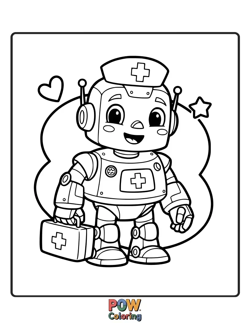 Free coloring page of A helpful robot nurse with blinking lights and gears, efficiently delivering care with a friendly, metallic smile.