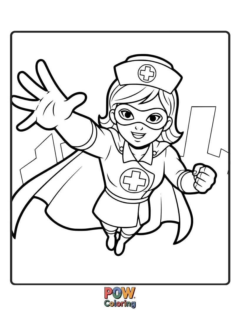 Free coloring page of A caped crusader nurse with super-healing powers, swooping in to save the day from illness.