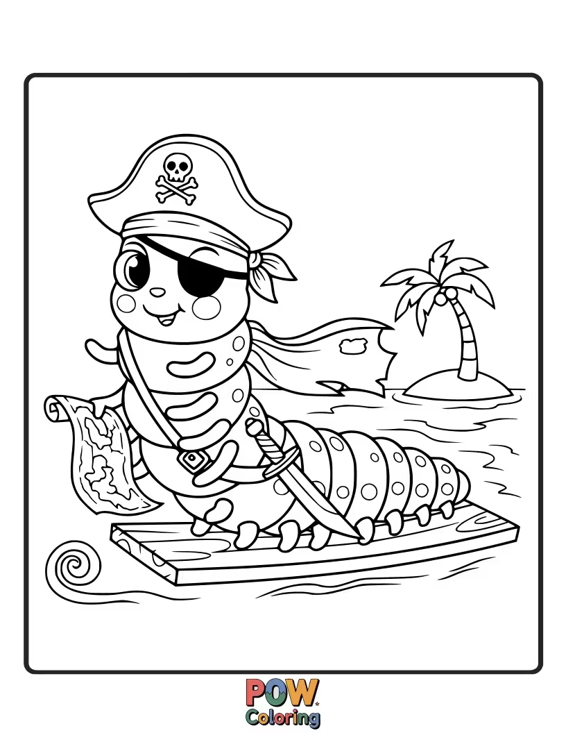 Free coloring page of A determined caterpillar pirate with a tiny hat, inching its way across a large leaf.