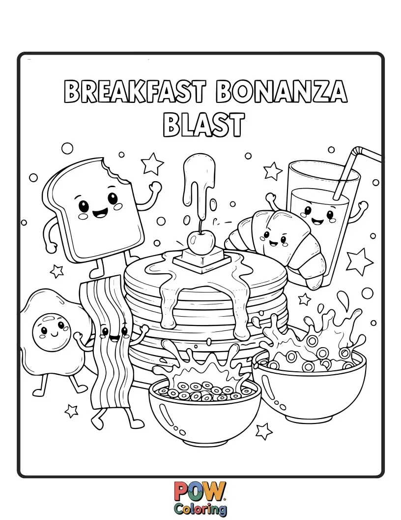 Free coloring page of A cheerful breakfast spread with McMuffins, hash browns, and juice bouncing with energy.
