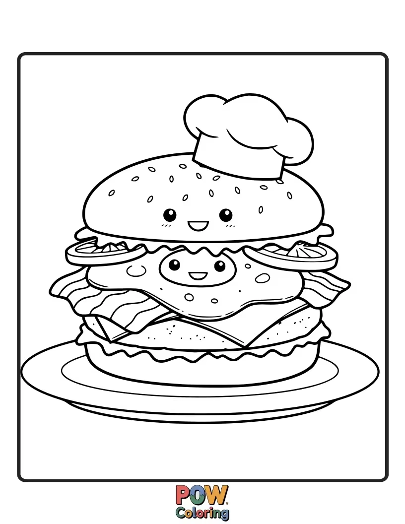 Free coloring page of A creative burger with a fried egg, bacon, cheese, and a toasted bun. A fun morning treat.