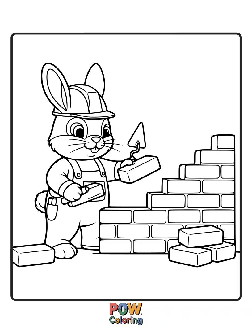 Free coloring page of A cute bunny carefully stacking colorful bricks to build a burrow.