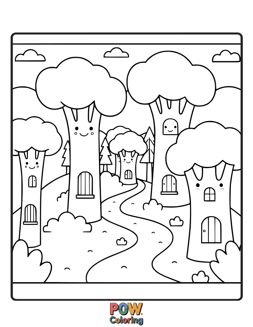 Free coloring page of Tiny explorers bravely venturing through a lush forest made of giant broccoli trees, encountering friendly ladybugs.