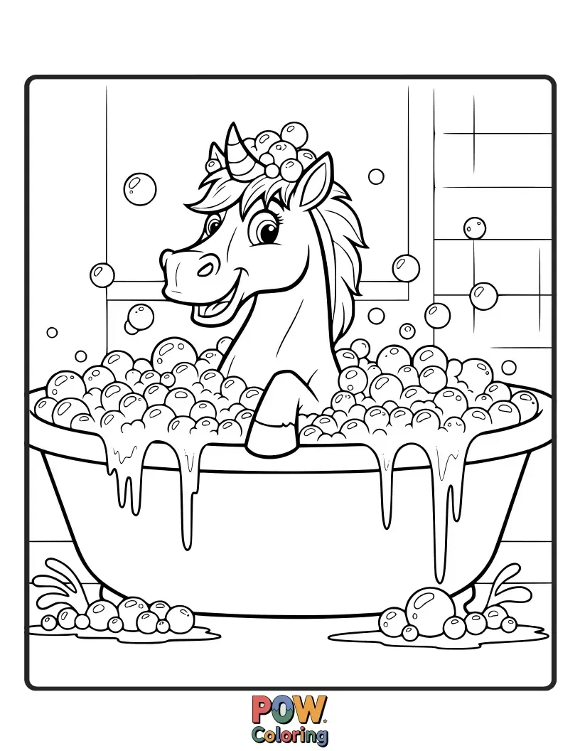 Free coloring page of A happy horse enjoying a bubbly bath with rubber ducks and floating flowers in a giant tub.