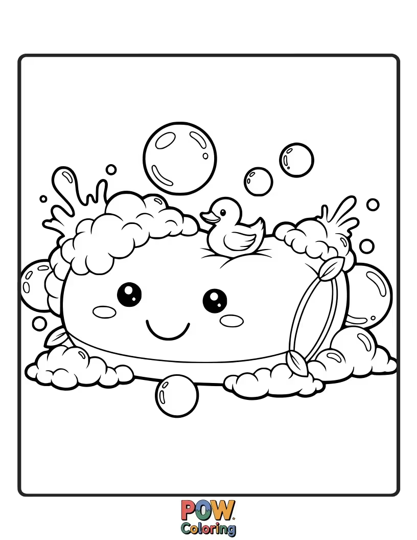 Free coloring page of A playful pillow shaped like a bubbly cloud, floating in a serene bathtub. Imagine the soapy fun you can add!