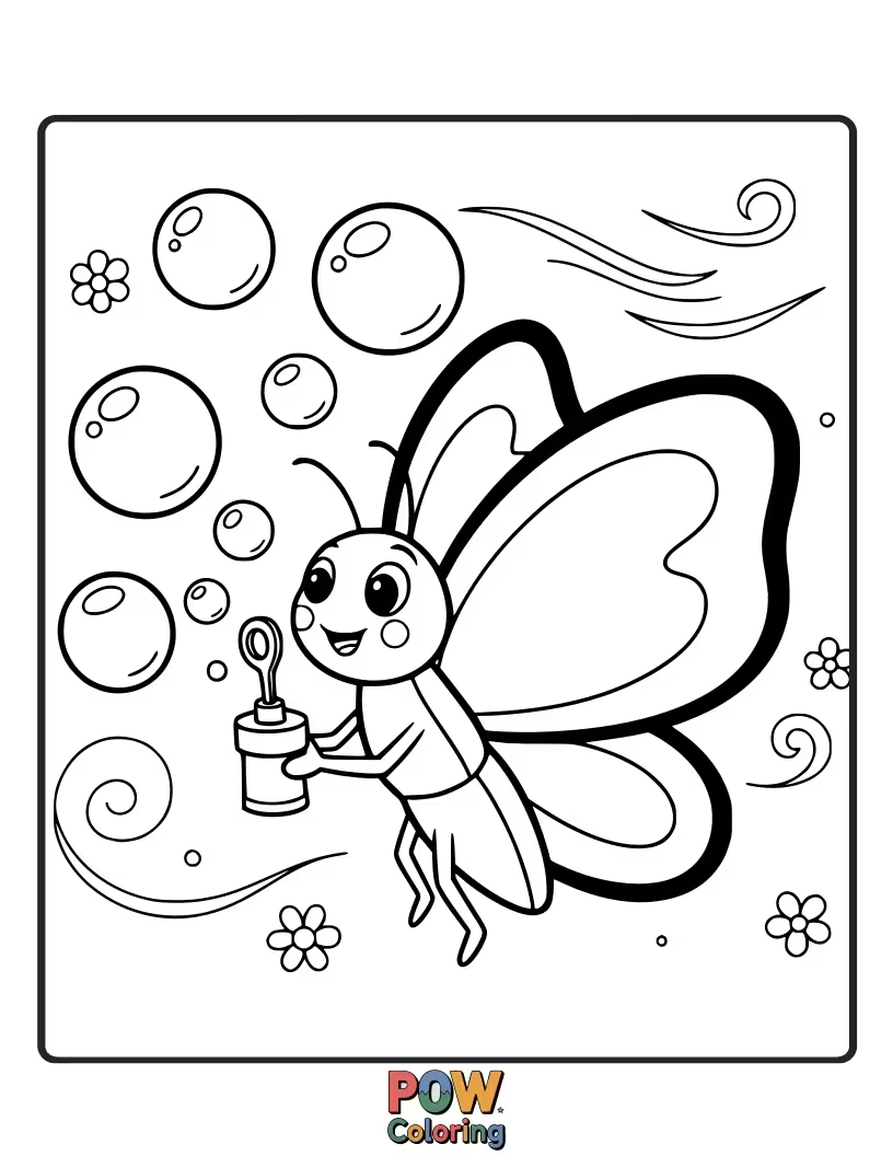 Free coloring page of A giggling butterfly blowing giant, iridescent bubbles with its patterned wings. A whimsical, playful scene.