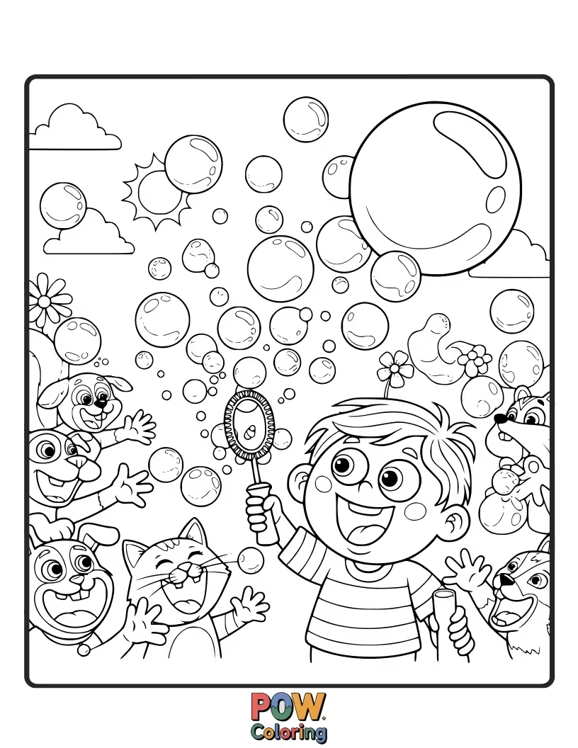 Free coloring page of A pony enthusiastically blowing a giant bubble that's almost as big as it.