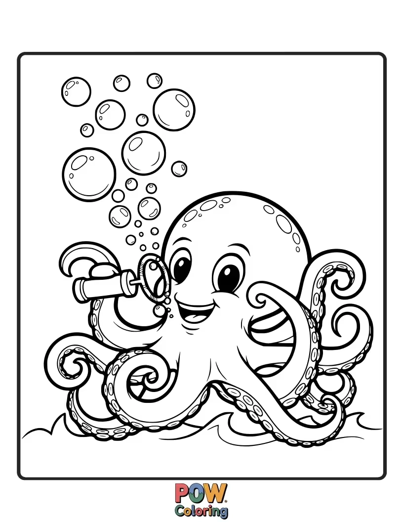 Free coloring page of A playful octopus blowing a giant, iridescent bubble that floats joyfully through the water.
