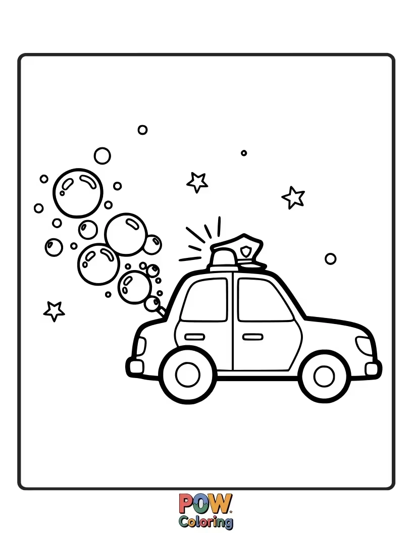 Free coloring page of Bubble blowing police car, dispenses cheerful bubbles instead of speeding tickets, spreading happiness and clean air.