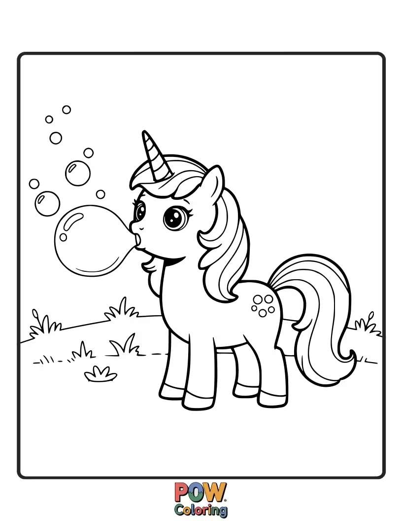 Free coloring page of Playful unicorn blowing iridescent bubbles that float into the air.