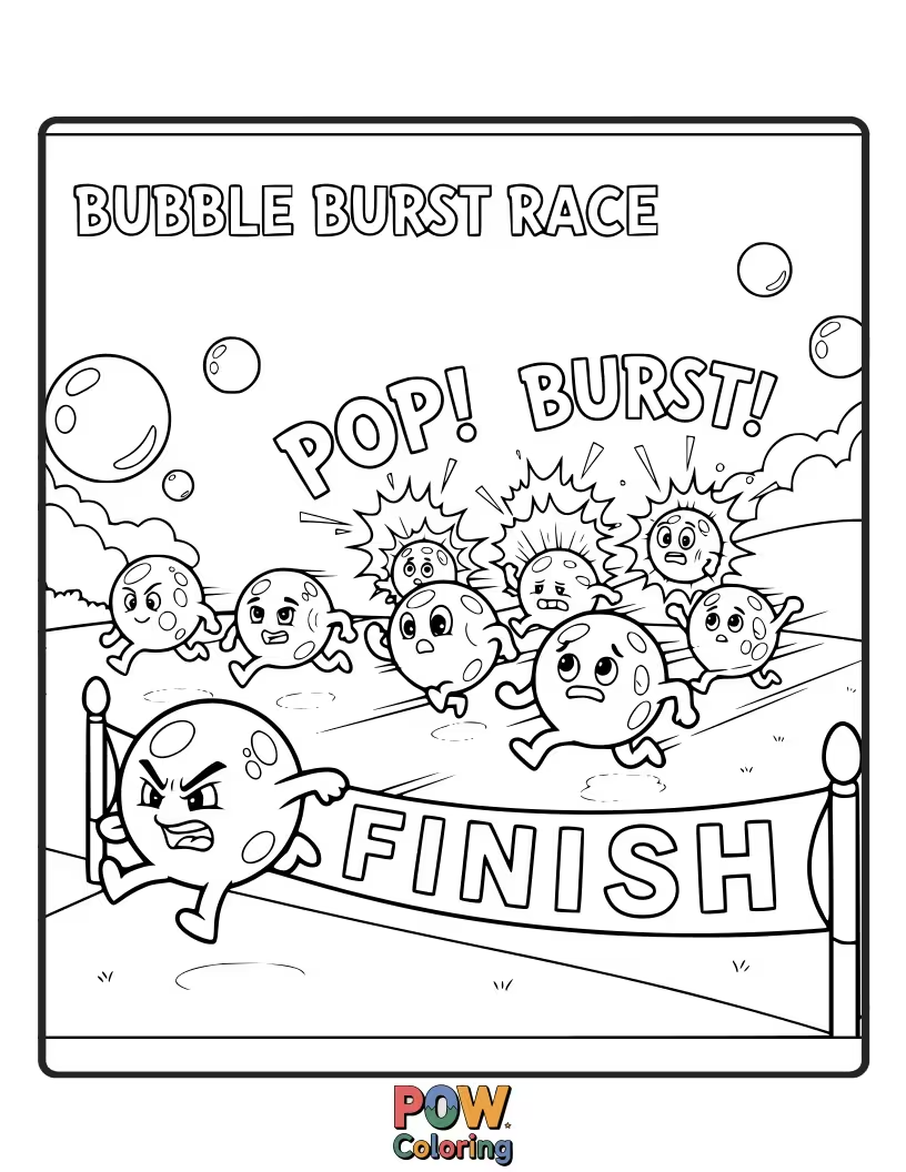 Free coloring page of Giant, shimmering bubbles are gently floating and racing each other, with tiny characters inside each one.