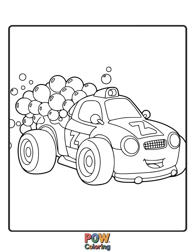 Free coloring page of A playful and colorful race car inspired by bright, chewy bubblegum, fun and whimsical.