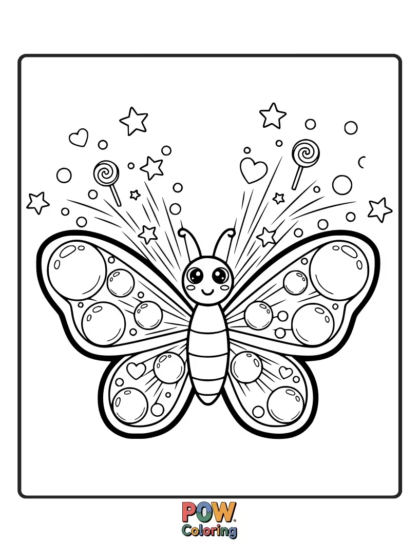 Free coloring page of A giggling butterfly with pink bubblegum-swirl wings, about to blow a giant, wobbly bubble. Careful, pop!