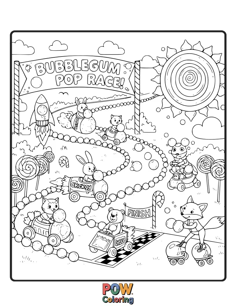 Free coloring page of Gigantic, colorful bubblegum bubbles are being blown and raced, each one representing a sweet victory.