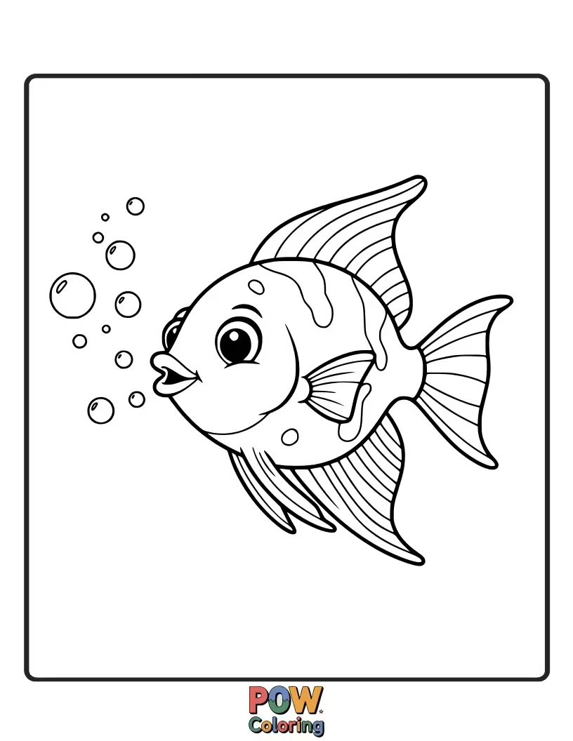Free coloring page of An elegant angelfish with flowing fins, accompanied by simple bubbles to add a touch of underwater magic.