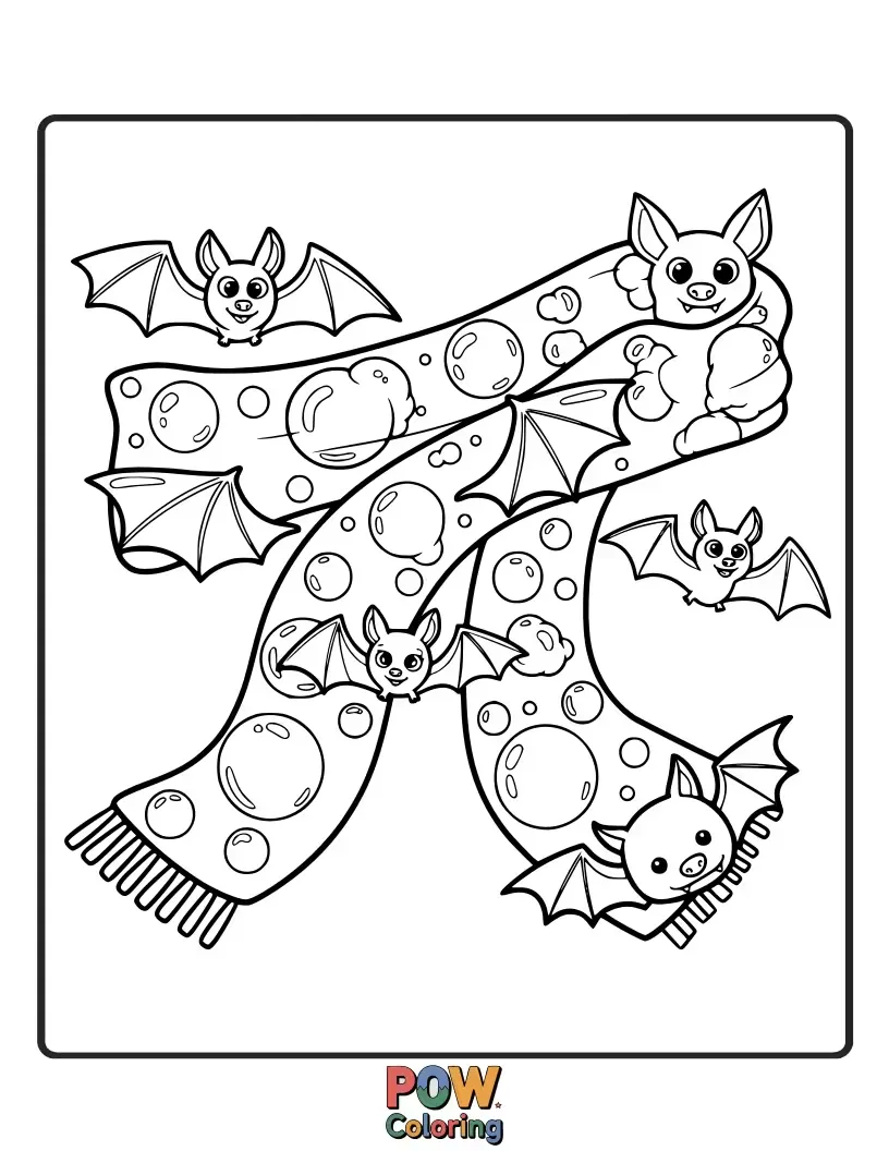 Free coloring page of A cute, smiling bat wrapped in a spooky-yet-fun Halloween scarf. Perfect for some playful, autumnal coloring.