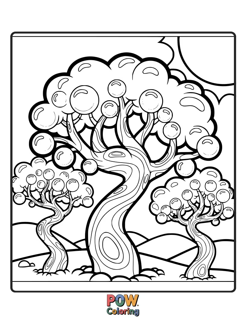 Free coloring page of Trees whose branches are adorned with charming, whimsical bubbles, floating gently upwards.