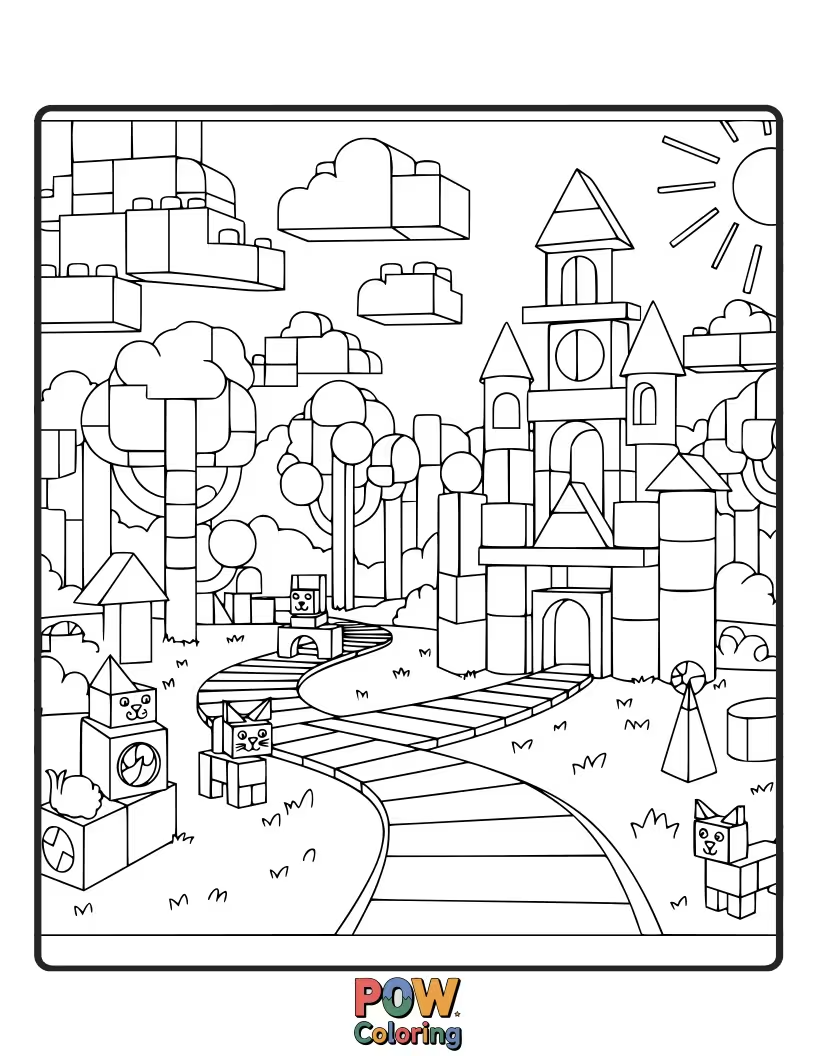 Free coloring page of A magical castle made of giant building blocks with a tiny knight.