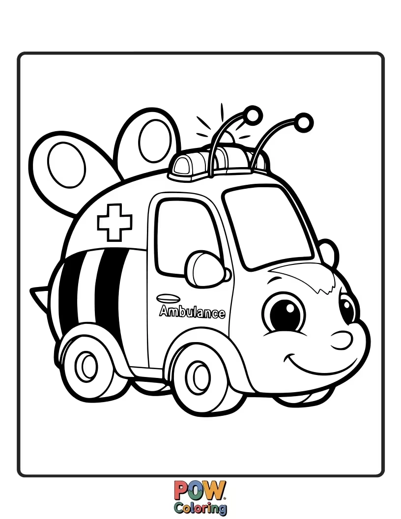 Free coloring page of A tiny, friendly bumblebee transformed into a miniature ambulance, buzzing over colorful flowers.