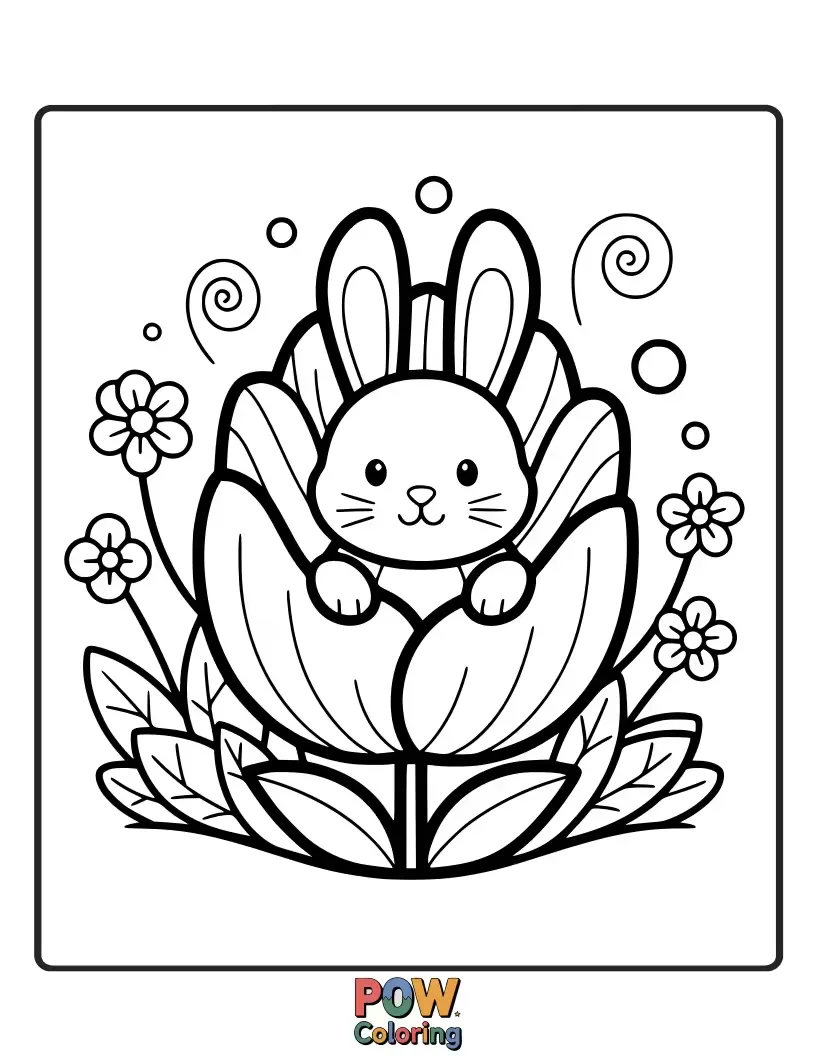 Free coloring page of A fluffy bunny nestled amongst oversized, whimsical flowers, radiating a peaceful, sunlit charm. Perfect for serene coloring.