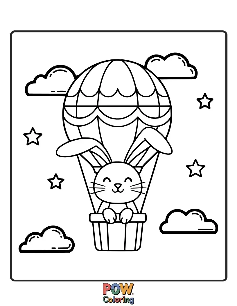 Free coloring page of A happy bunny floats joyfully through the sky, holding onto a bunch of brightly colored balloons.
