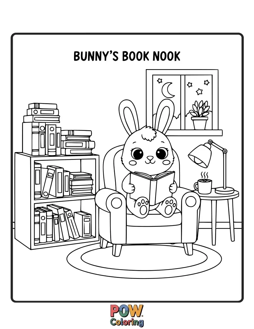 Free coloring page of A studious bunny with spectacles reads an oversized book in a cozy, cluttered nook filled with treasures.