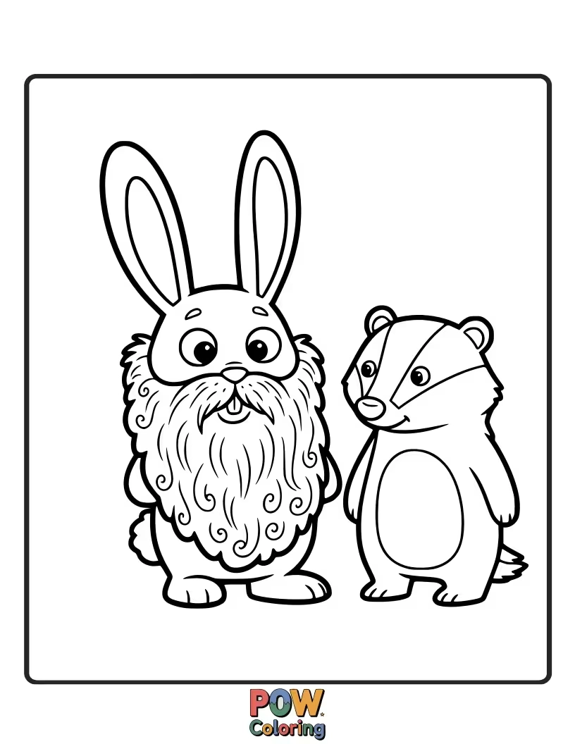Free coloring page of A fluffy bunny is wearing a wizard's long, white beard like a scarf, looking quite pleased with its new look.