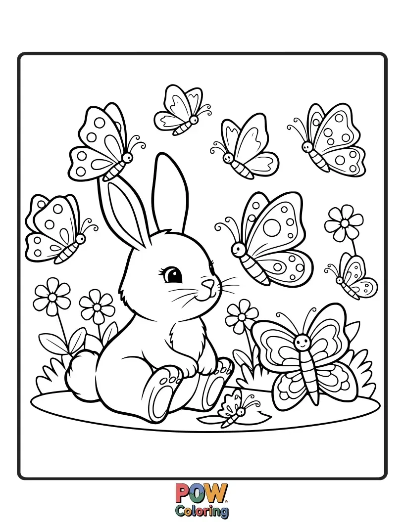 Free coloring page of A gentle bunny interacts with a flurry of beautiful, delicate butterflies in a sun-dappled meadow.