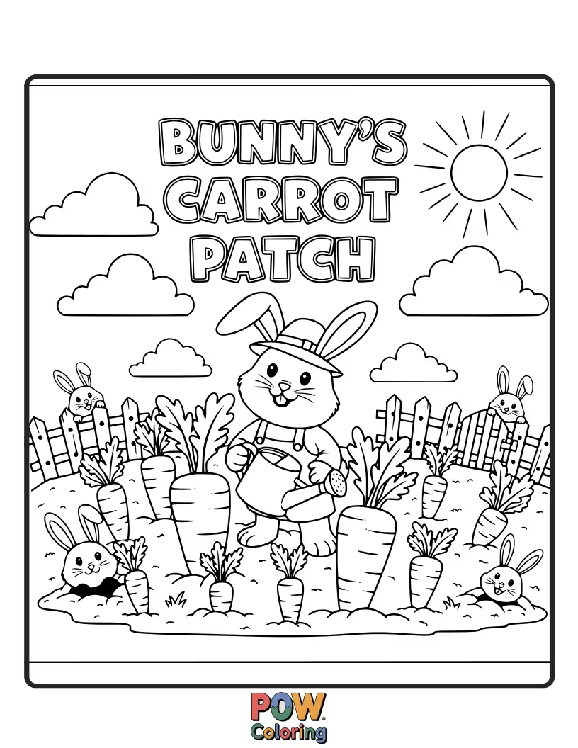 Free coloring page of A busy Easter bunny planting giant, smiling carrots in a sunny garden bed.