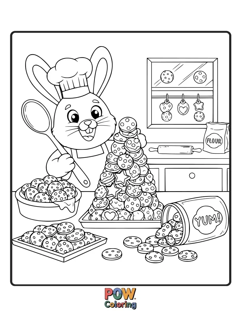 Free coloring page of A very happy bunny is surrounded by an abundance of delicious cookies, with one held comically in its paw.