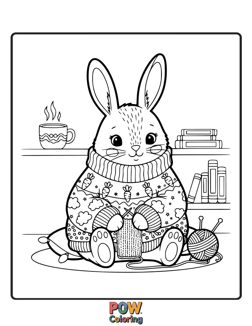Free coloring page of A warm and snug bunny wears an oversized, patterned sweater, enjoying a cup of hot cocoa.