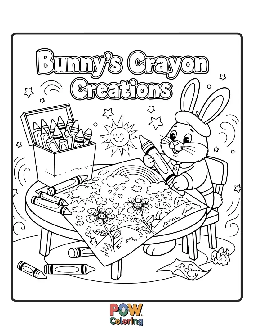 Free coloring page of A creative bunny surrounded by colorful crayons draws a masterpiece, its imagination coming to life.