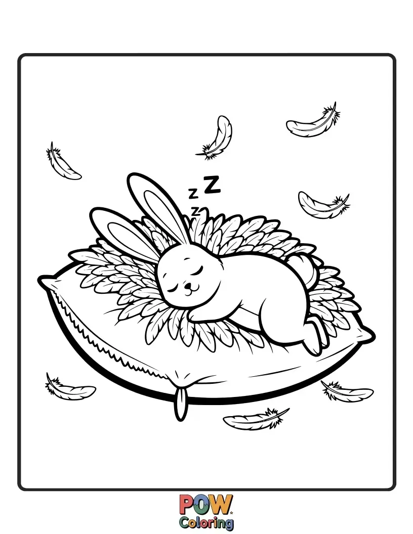 Free coloring page of A very tired bunny snuggles into an incredibly fluffy feather pillow, ready for a long nap.