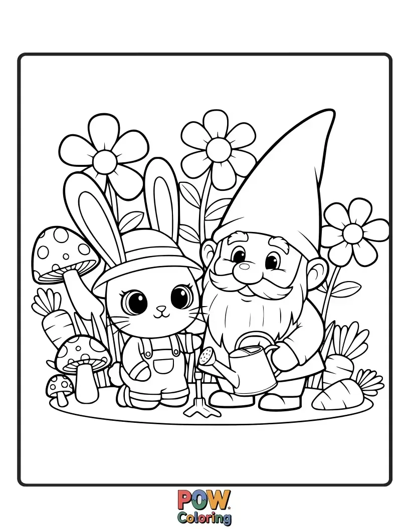Free coloring page of A friendly bunny shares a secret with a smiling garden gnome in a charming, mossy garden.