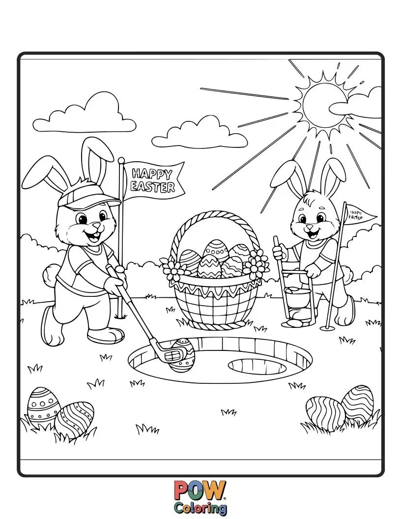 Free coloring page of A fluffy bunny in a bow tie carefully placing a golf ball on a giant carrot tee.