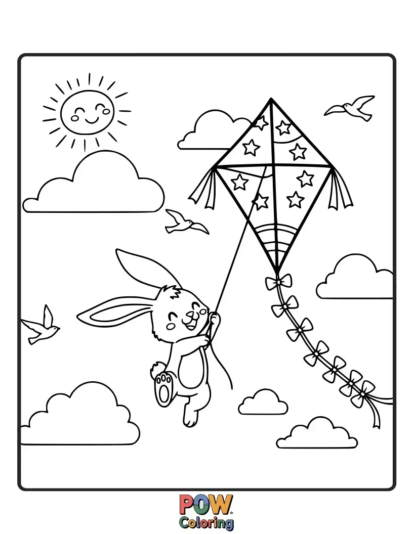 Free coloring page of An excited bunny runs with a colorful kite, watching it soar high in the breezy sky.