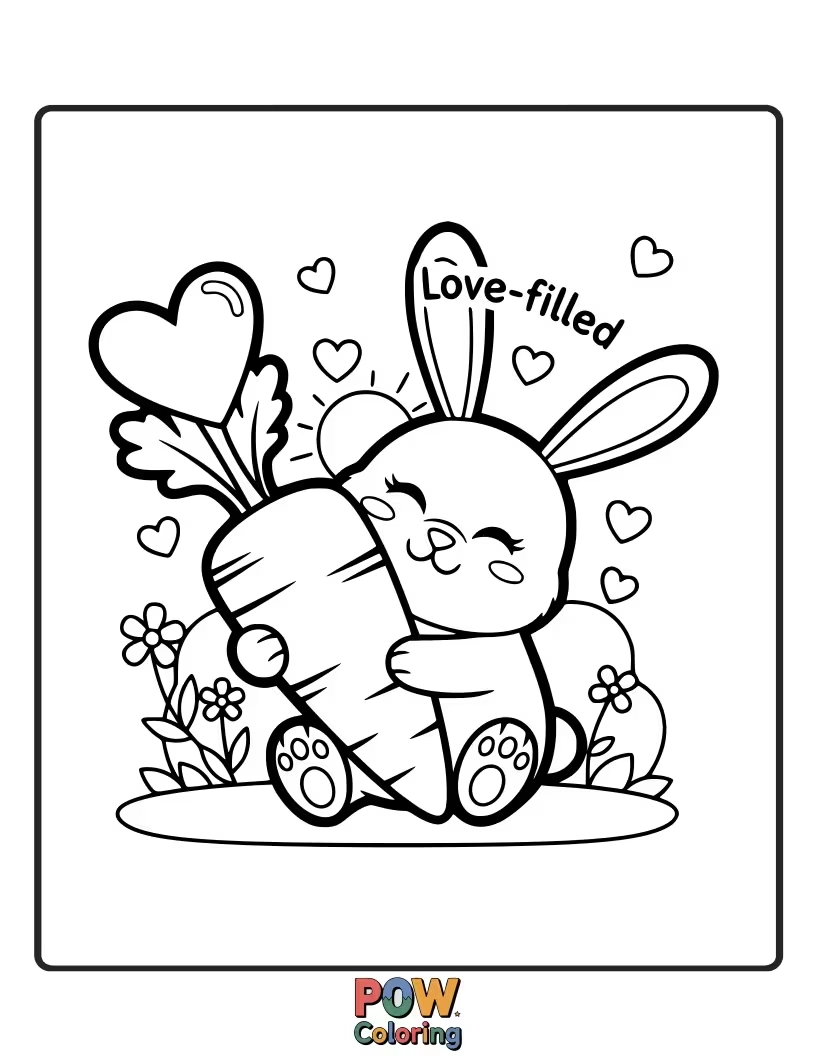 Free coloring page of A fluffy bunny excitedly presents a giant, heart-decorated carrot to its beloved, symbolizing a sweet and delicious Valentine's Day treat.