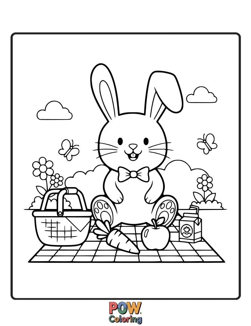 Free coloring page of A happy bunny enjoys a delicious picnic spread with a basket full of goodies in a sunny field.