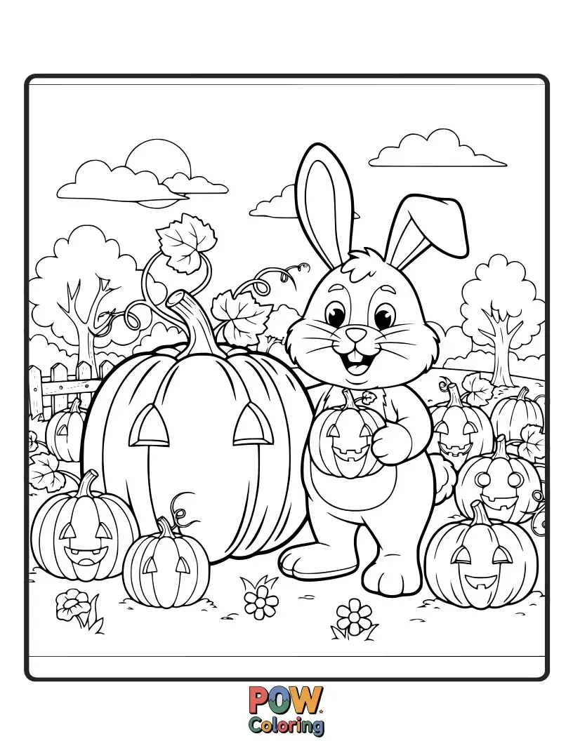 Free coloring page of A delighted bunny hops through a pumpkin patch, choosing the perfect pumpkin for Halloween.