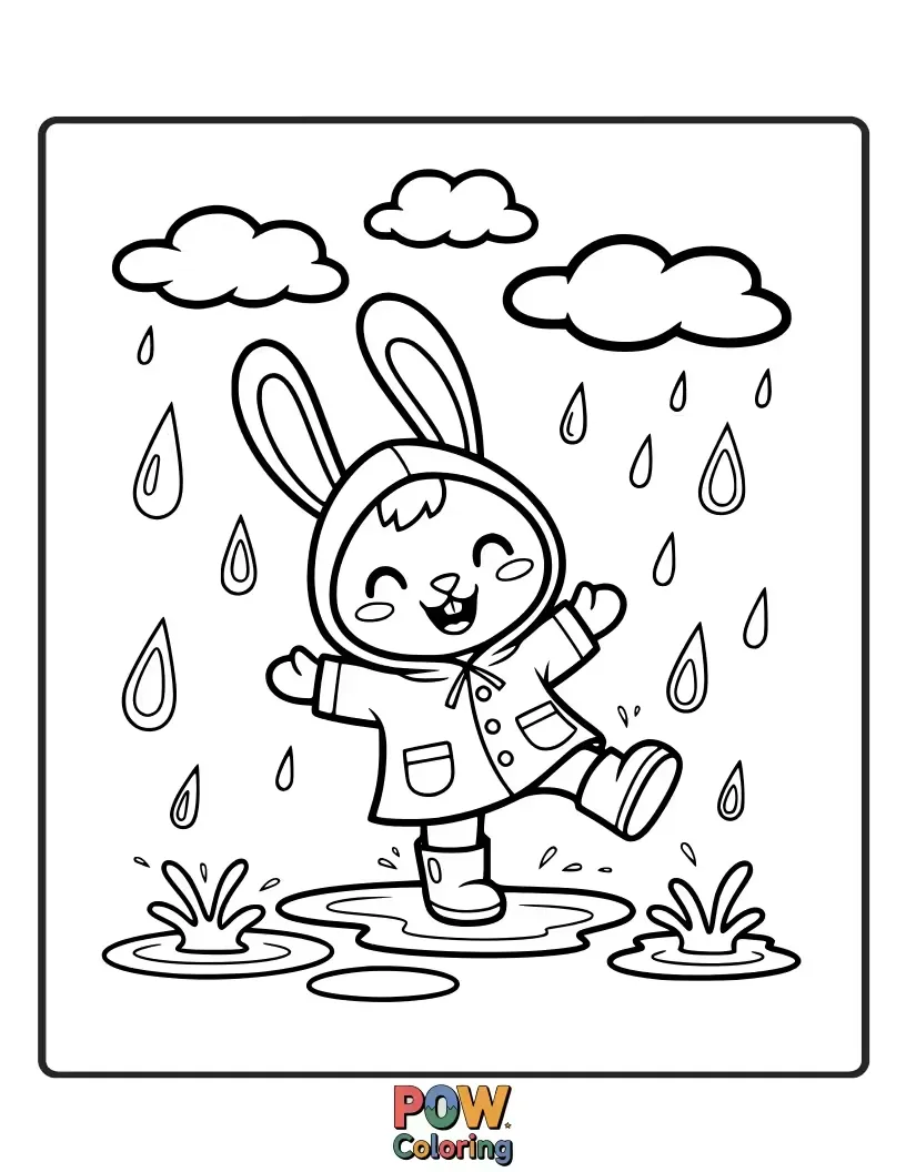 Free coloring page of A joyful bunny dances gleefully under a gentle rain shower, with raindrops forming cute patterns.