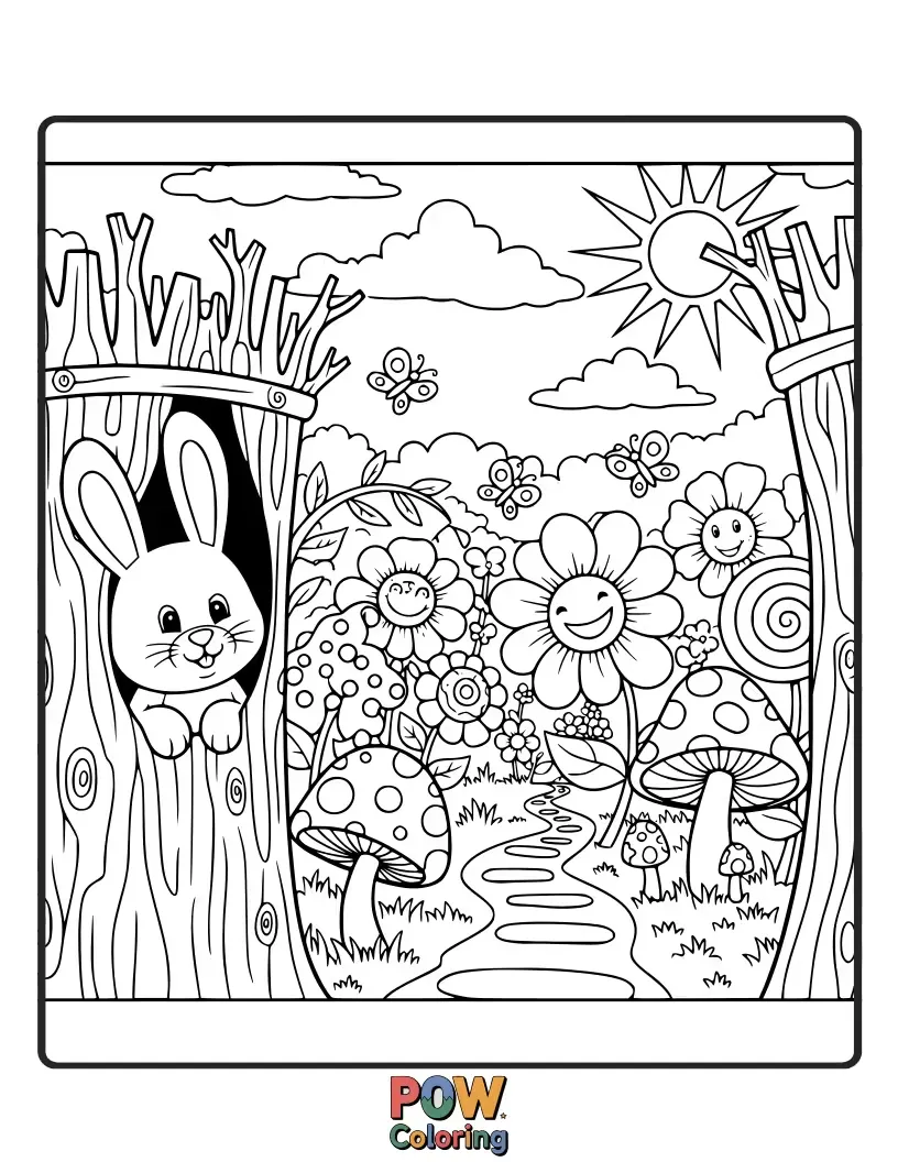 Free coloring page of A curious bunny peeks through a secret garden gate, revealing magical plants and glowing fireflies.