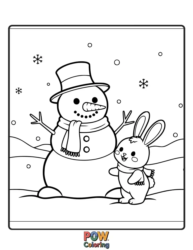 Free coloring page of A cheerful bunny builds a cute little snowman in a snowy landscape, sharing a snowy hug.