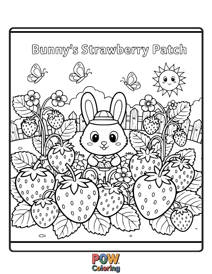 Free coloring page of A delighted bunny nibbles on juicy strawberries in a lush patch, its cheeks full.